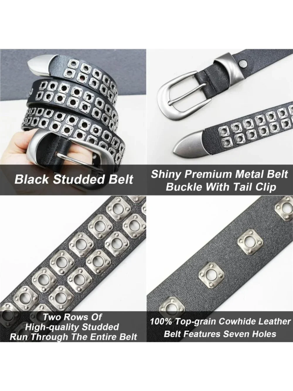 Genuine Leather Black Studded Belt for Men & Women - Y2K Goth Punk Style
